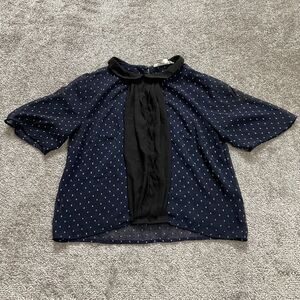 BCBGeneration Blouse Top womens XS Blue Polka Dot Ruffle 3/4 Sleeve Peter Pan